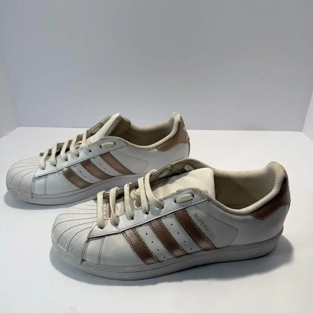 Adidas Superstar Womens 8.5 White Rose Gold Copper Metallic Shell Toe Sneakers